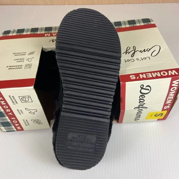 Dearfoams Memory Foam Slippers Black Faux Fur Knit Women’s 5-6 NIB - Picture 7 of 9